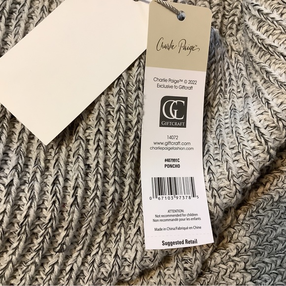 Charlie Paige Poncho Women’s O/S Rib Knit Cowl Neck Grey Cream Tweed - Picture 5 of 12